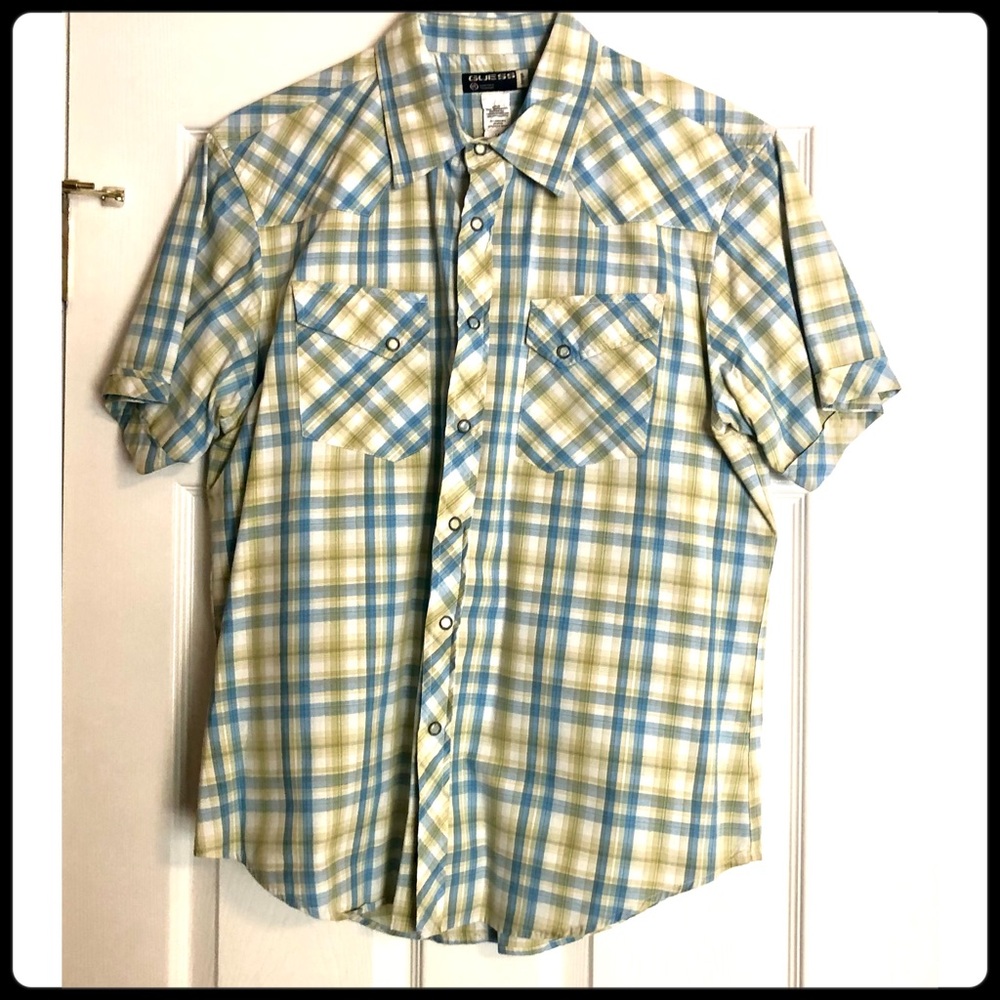 Guess Mens Plaid Short Sleeve Shirt with Pearl Snap Closer.